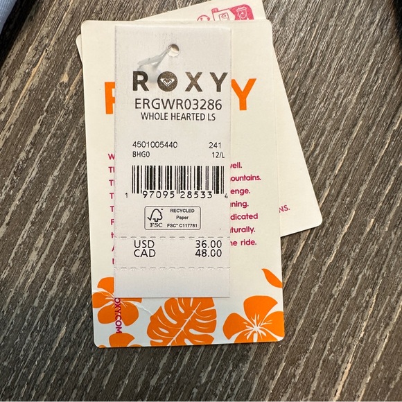 Roxy Tween/Teen Whole Hearted Long Sleeve UPF 50 Rashguard - 12/L - Picture 3 of 7